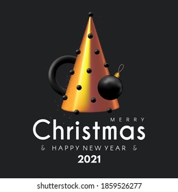 Happy New 2021 Year and Merry Christmas banner. 3D Xmas design with fir tree and gifts. Elegant black and gold render. Realistic party poster.