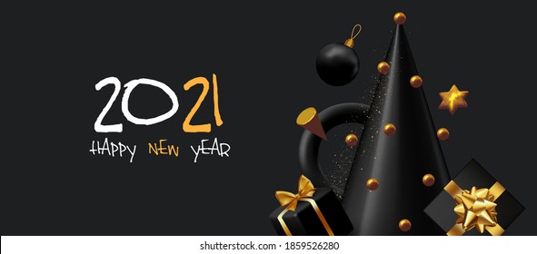 Happy New 2021 Year and Merry Christmas banner. 3D Xmas design with fir tree and gifts. Elegant black and gold render. Realistic party poster.