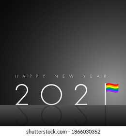 Happy New 2021 Year! With minimalistic illustration of rainbow flag.