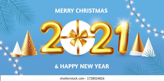 Happy New 2021 Year! Party poster template with 3D realistic text, stylised fir trees and gift box. Festive design. Christmas flyer template.