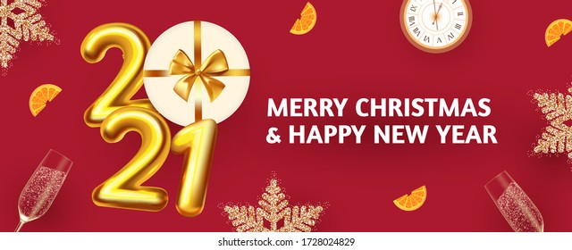 Happy New 2021 Year! Party Poster Template With 3D Realistic Text, Champagne Glasses And Gift Box. Festive Header Design. Christmas Flyer Template.