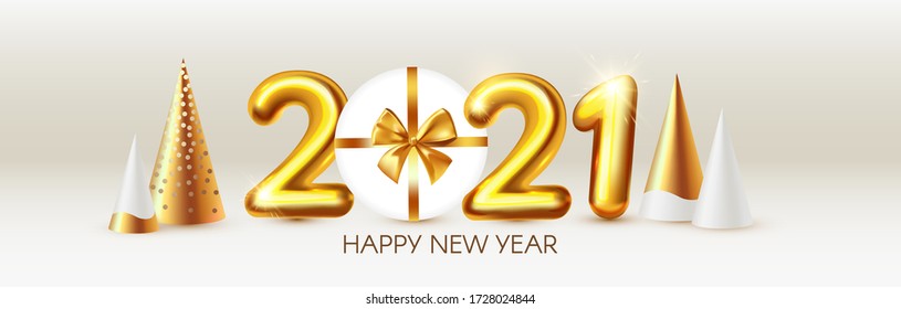 Happy New 2021 Year! Party poster template with 3D realistic text, stylised fir trees and gift box. Festive design. Christmas flyer template.