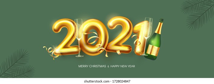 Happy New 2021 Year! Party poster template with 3D realistic text, champagne bottle and glass, cones, cerpentine and lights. Festive design. Christmas flyer template.