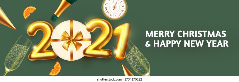 Happy New 2021 Year! Party poster template with 3D realistic text, champagne glasses and gift box. Festive header design. Christmas flyer template.