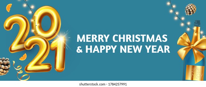 Happy New 2021 Year Party poster template with 3D realistic text, champagne glasses and gift box. Festive header design. Christmas flyer template.