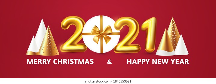 Happy New 2021 Year Party poster template with 3D realistic text, stylised fir trees and gift box. Festive design. Christmas flyer template.