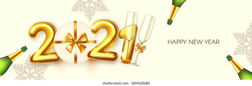 Happy New 2021 Year! Party poster template with 3D realistic text, champagne bottle and glass,gift box, snowflakes and lights. Festive design. Christmas flyer template.