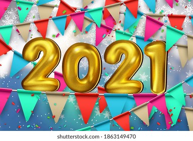 Happy New 2021 Year! Party poster template with 3D realistic text. Festive header design. Shiny party background. Gold foil balloons numeral 2021 with party flags, confetti. 3D Vector illustration