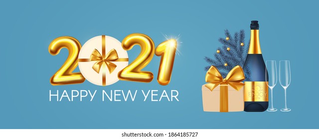 Happy New 2021 Year Party poster template with text, champagne bottle, glasses and gift box. Festive header design. Christmas flyer template.