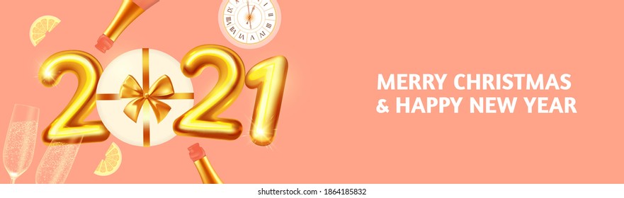 Happy New 2021 Year! Party poster template with 3D realistic text, champagne glasses and gift box. Festive header design. Christmas flyer template.