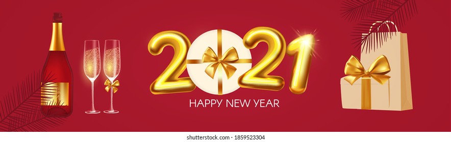 Happy New 2021 Year poster template with 3D realistic text, champagne glasses and gift box. Festive header design. Christmas flyer template.