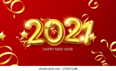 Happy New 2021 Year! Realistic 3D golden sign with serpentine.