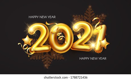 Happy New 2021 Year! Realistic 3D golden sign with serpentine and snowflakes.