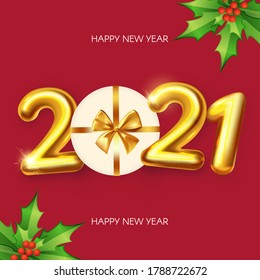 Happy New 2021 Year Realistic 3D golden sign with serpentine and holly berry.