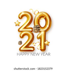 Happy New 2021 Year! Realistic 3D golden sign with serpentine wnd pine cones.