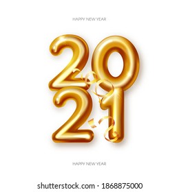 Happy New 2021 Year! Realistic 3D golden sign with serpentine.
