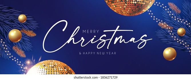 Happy New 2021 Year Shining holiday design with gold disko ball, fir tree branches, glossy toys, gifts and light. Party invitation.