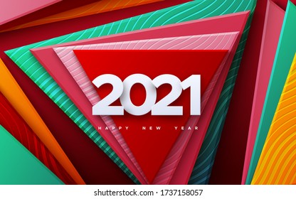 Feliz Año Nuevo 2021. Ilustración vectorial de vacaciones. Números blancos 2021. Fondo geométrico colorido. Cartel del evento festivo. Formas de papel con un patrón ondulado grabado. Diseño de póster o cubierta