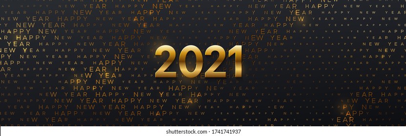 Happy New 2021 Year. Vector holiday illustration. Seasonal festive banner concept. Black background with golden numbers and typography halftone pattern. Greeting card or party invitation template