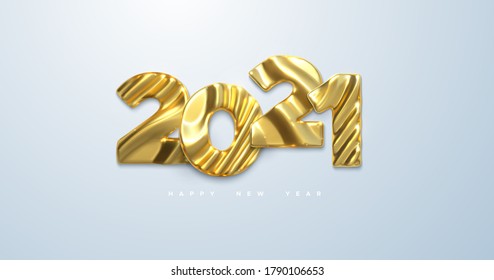 Happy New 2021 Year. Vector 3d illustration. Holiday NYE event sign. Golden metal characters 2021 with wavy sculpted pattern isolated on white. Festive banner or poster design