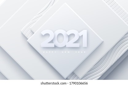 Feliz Ano Novo 2021. Ilustração vetorial de férias. Números 3d de papel sobre fundo abstrato branco. Banner de evento festivo. Formas quadradas geométricas. Elemento de decoração para design de cartaz ou capa