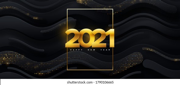 Feliz Año Nuevo 2021. Ilustración vectorial de vacaciones. Números dorados recortados en papel sobre fondo geométrico negro. Cartel del evento festivo. Formas y brillo de papel. Elemento de decoración para el diseño de afiches o cubiertas