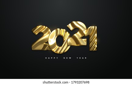 Feliz Año Nuevo 2021. Ilustración vectorial 3d. Signo de evento de vacaciones. Personajes de metal dorado 2021 con un patrón esculpido ondulado. Diseño de pancartas o afiches festivos