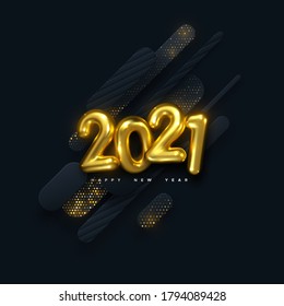 Happy New 2021 Year. Vector holiday illustration. Golden numbers on black paper shapes background textured with glittering particles. Layered papercut decoration. Festive banner template