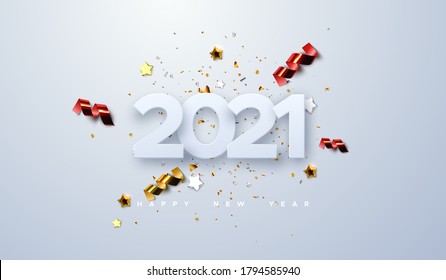 Happy New 2021 Year. Vector holiday illustration of paper cut numbers with sparkling confetti particles, golden stars and streamers. Festive event banner. Decoration element for poster or cover design