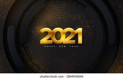 Happy New 2021 Year. Vector holiday illustration. Papercut golden numbers on black geometric background. Festive event banner. Paper shapes and glitters. Decoration element for poster or cover design