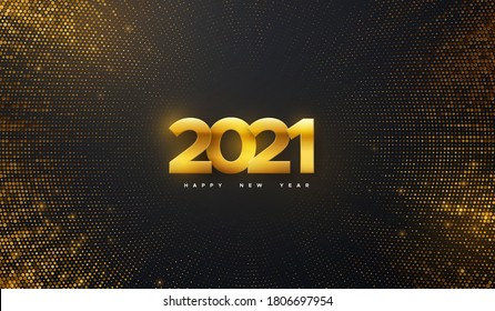 Happy New 2021 Year. Vector holiday illustration. Golden numbers on black background textured with shimmering glitters. Festive event banner with bursting light rays. Modern poster or cover design