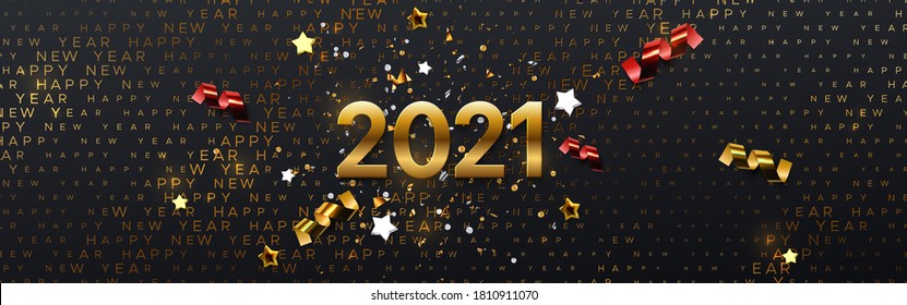 Happy New 2021 Year. Vector holiday illustration. Festive banner concept. Black background with golden typography halftone pattern and sparkling tinsel. Greeting card or party invitation sign template