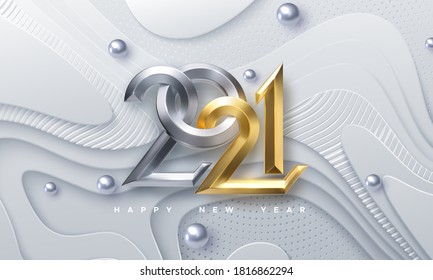 Happy New 2021 Year. Vector holiday illustration. Silver and Golden 3d numbers on white abstract topography background. Festive event banner. Geometric wavy shapes. Poster or cover design