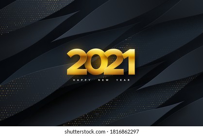 Happy New 2021 Year. Vector holiday illustration. Papercut golden numbers on black geometric background. Festive event banner. Paper shapes and glitters. Decoration element for poster or cover design