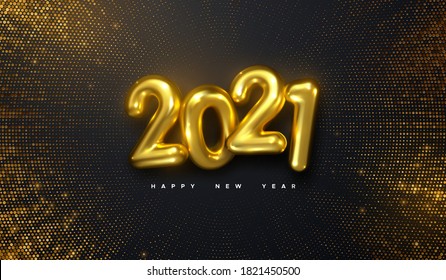 Happy New 2021 Year. Vector holiday illustration. Golden numbers on black background textured with shimmering glitters. Festive event banner with bursting light rays. Modern poster or cover design