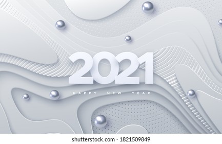 Happy New 2021 Year. Vector holiday illustration. Paper 3d numbers on white abstract topography background. Festive event banner. Geometric wavy shapes. Decoration element for poster or cover design