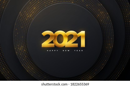 Alles Gute zum neuen Jahr 2021. Vektorgrafik für Feiertage. Paperschnitt-goldene Zahlen auf schwarz-geometrischem Hintergrund. Fest-Event-Banner. Papierformen und Glitter. Gestaltungselement für Poster- oder Deckendesign