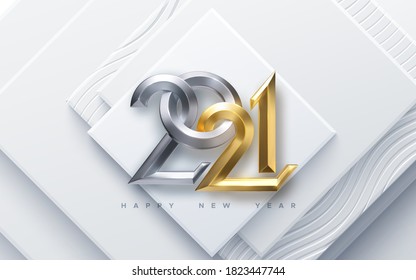 Happy New 2021 Year. Vector holiday illustration. Silver and Golden 3d numbers on white abstract geometric background. Festive event banner. Paper cut square shapes. Poster or cover design