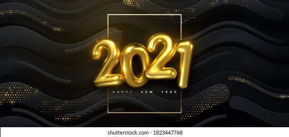 Happy New 2021 Year. Vector holiday illustration of golden numbers on black wavy strokes background textured with glittering particles