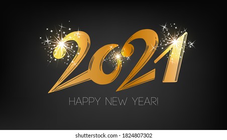 Happy New 2021 Year. Vector holiday illustration. Golden numbers on black background textured with shimmering lights.