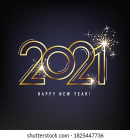 Happy New 2021 Year. Vector holiday illustration. Golden numbers on black background textured with shimmering lights.