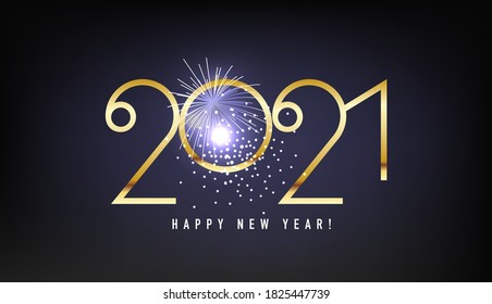 Happy New 2021 Year. Vector holiday illustration. Golden numbers on black background textured with shimmering lights.