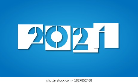 Happy New 2021 Year. Vector holiday illustration. Numbers carved in paper sheets on blue background. Festive event banner. Geometric square shapes. Decoration element for poster or cover design