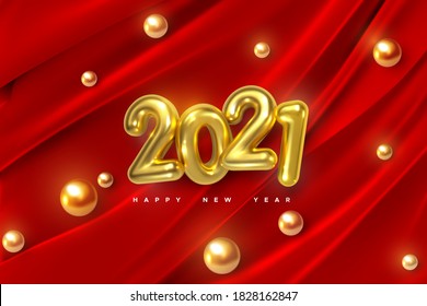 Feliz Año Nuevo 2021. Ilustración vectorial de números dorados sobre fondo de tela trenzada roja con esferas brillantes o perlas. Cartel del evento festivo. Elemento de decoración para el diseño de afiches o cubiertas