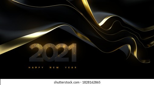 Feliz Año Nuevo 2021. Ilustración vectorial de vacaciones. Números de papel negro texturados con partículas doradas brillantes y tela de streaming negra. Señal de papel impactante. Plantilla de banner festivo