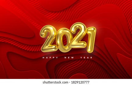 Happy New 2021 Year. Vector holiday illustration. Golden numbers 2021. Red geometric layered background. Festive event banner. Paper shapes with engraved wavy pattern. Poster or cover design