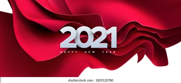 Happy New 2021 Year. Vector holiday illustration of paper cut numbers on red streaming fabric background. Festive event banner. Decoration element for poster or cover design