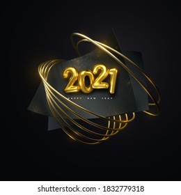 Happy New 2021 Year. Vector holiday illustration. Golden 3d numbers 2021. Black paper sheets with shimmering glitters and golden ring. Festive event banner. Poster or cover design