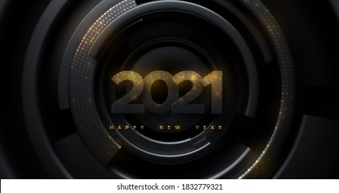 Alles Gute zum neuen Jahr 2021. Vektorgrafik für Feiertage. Schwarze Papiernummern, strukturiert mit glänzenden goldenen Partikeln auf schwarz-geometrischem Hintergrund. Schimmerndes Papierschnitt-Zeichen. Fest-Banner-Vorlage