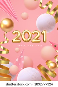 Happy New 2021 Year. Vector holiday illustration. Festive decoration. Golden realistic 3d numbers. Art installation with geometric primitives. Sweet and dreamy NYE poster. Festive banner design